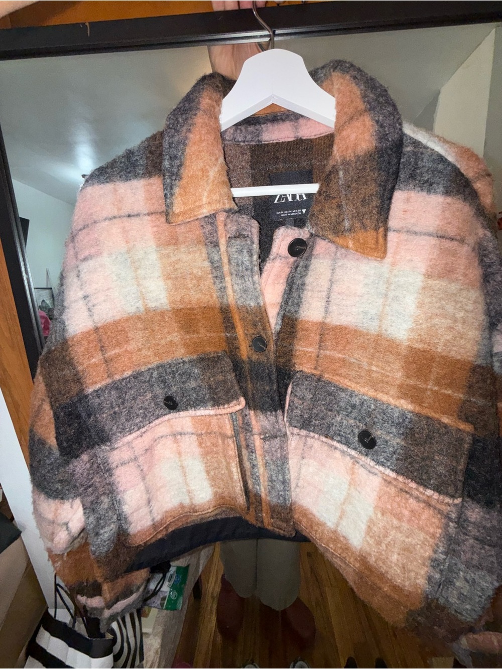 Zara Pink, Brown & Gray Plaid Wool Shacket